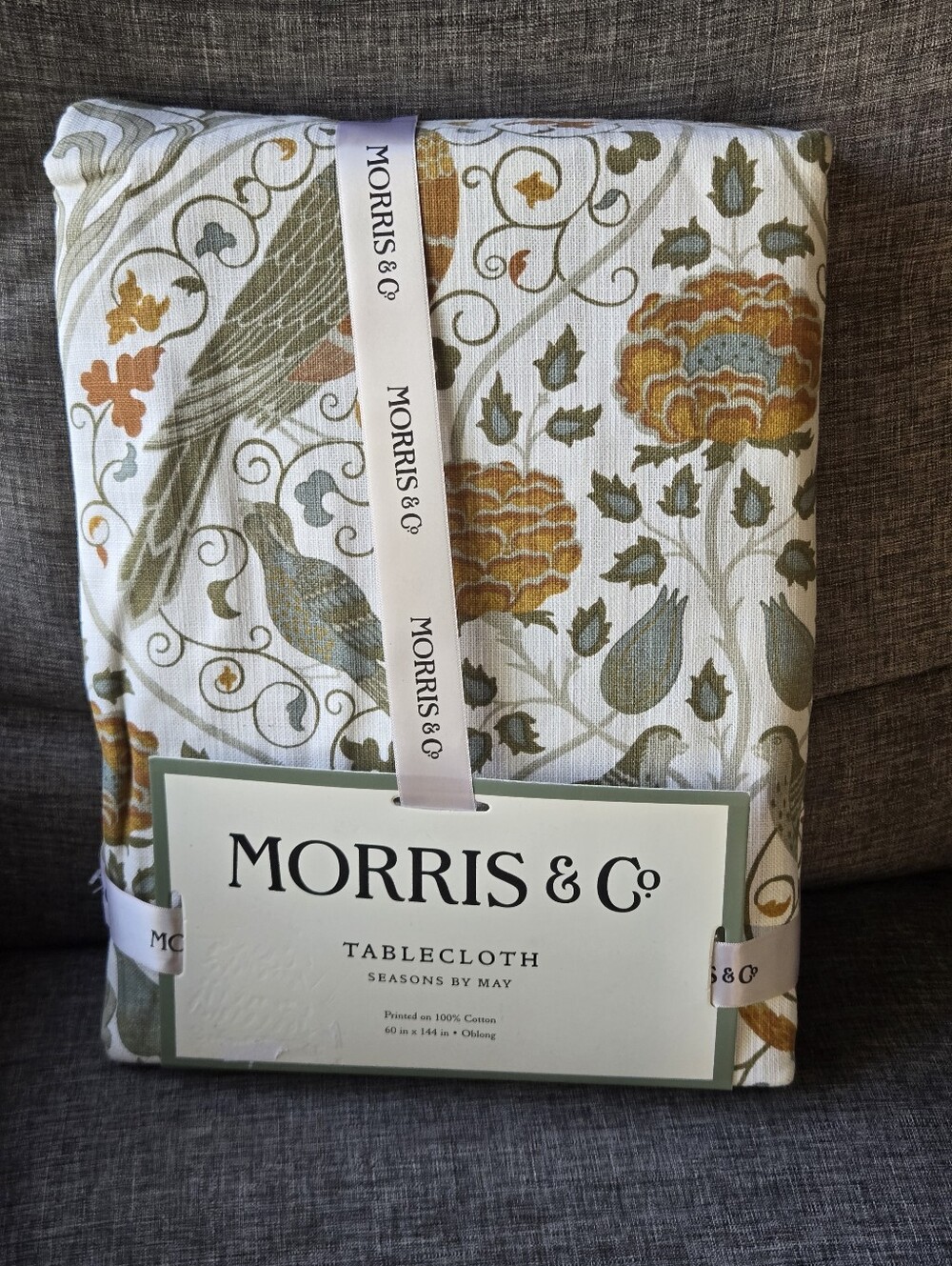 MORRIS & Co Seasons By May Green Floral Bird 60x144 Tablecloth Thanksgiving Fall